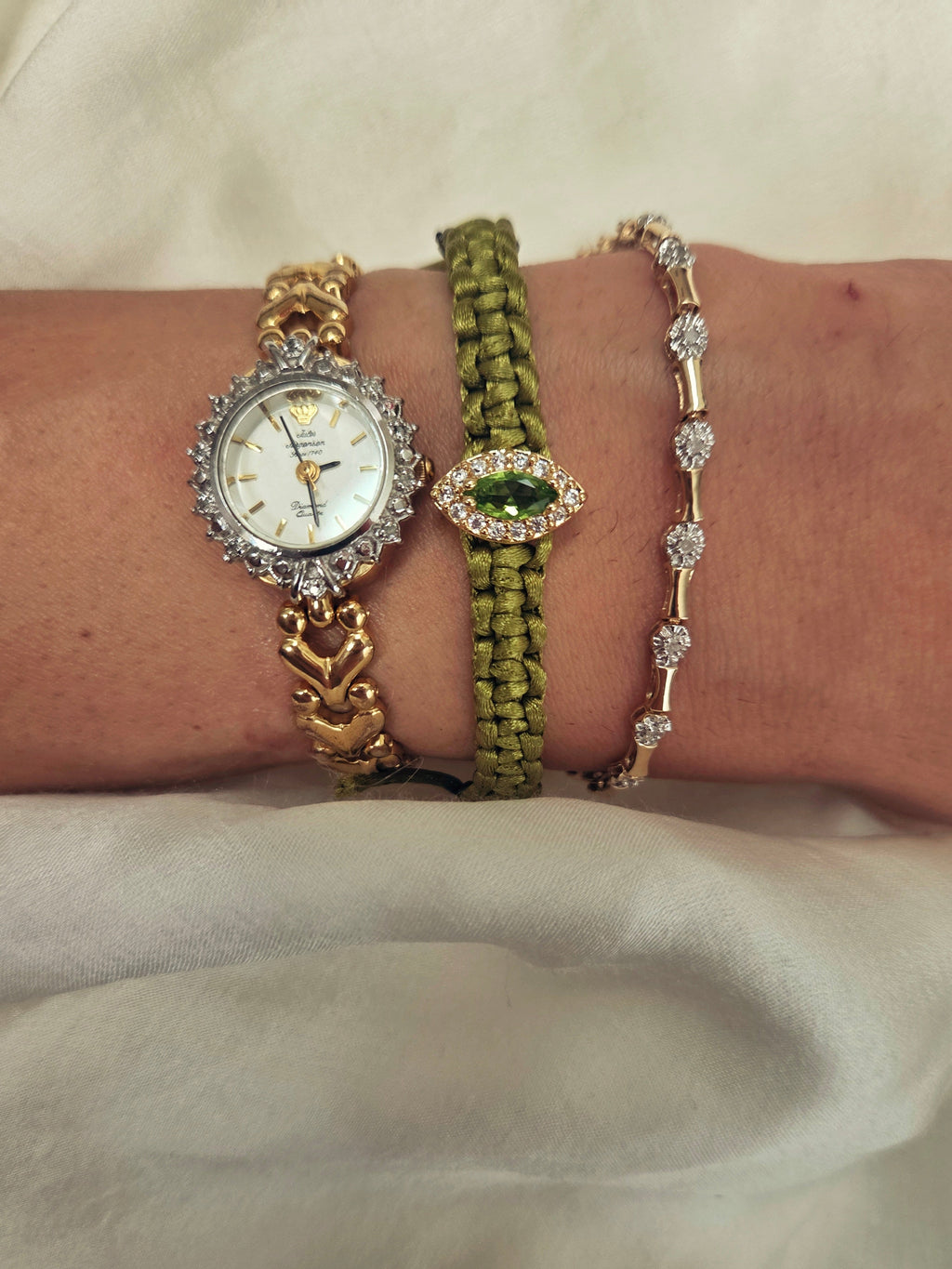 Nora Gold Filled Evil Eye Olive Green Silk Bracelet